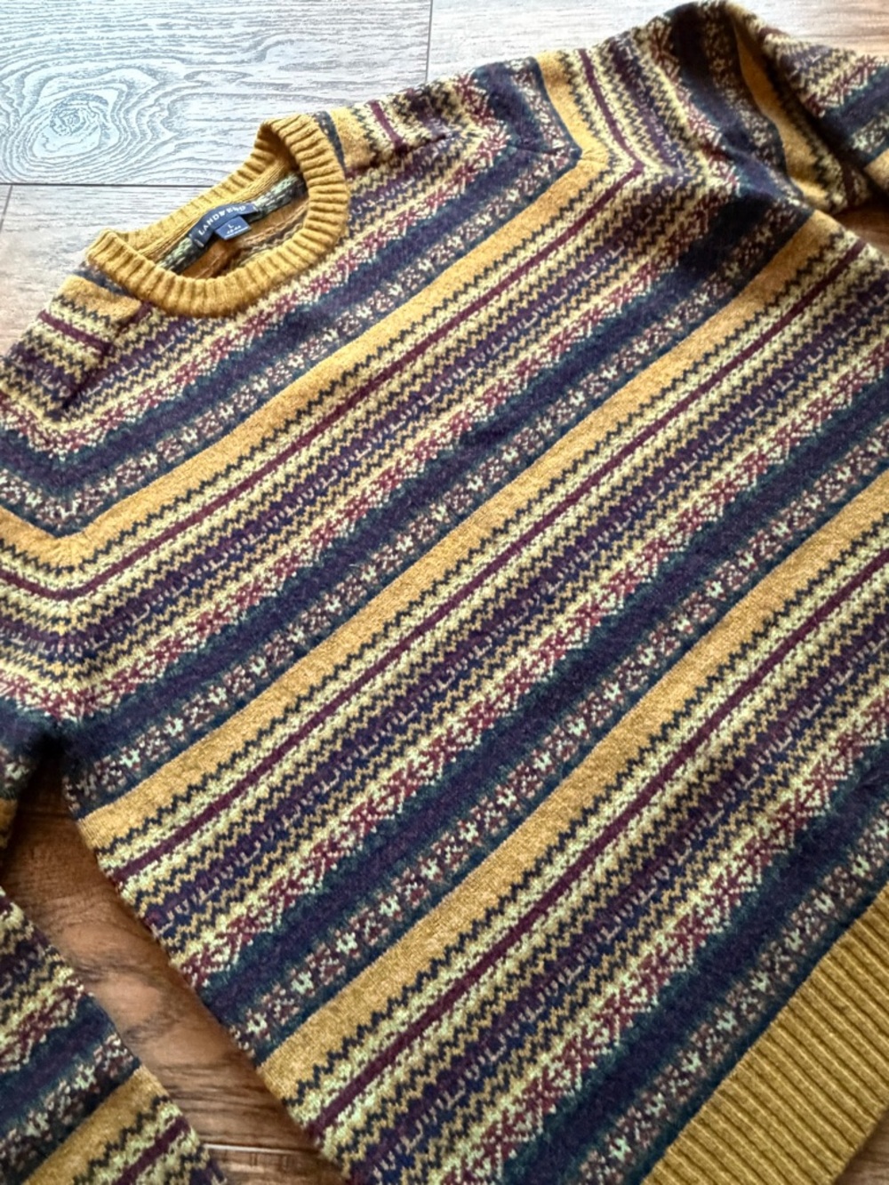 Lands' End Men's Mustard and Navy Fair Isle Crewneck Sweater 100% lambswool - Picture 3 of 5